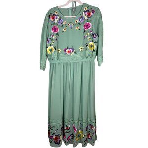 ASOS Floral Midi Dress 10 Green Embroidery Cottagecore Preppy Classic Chic Retro